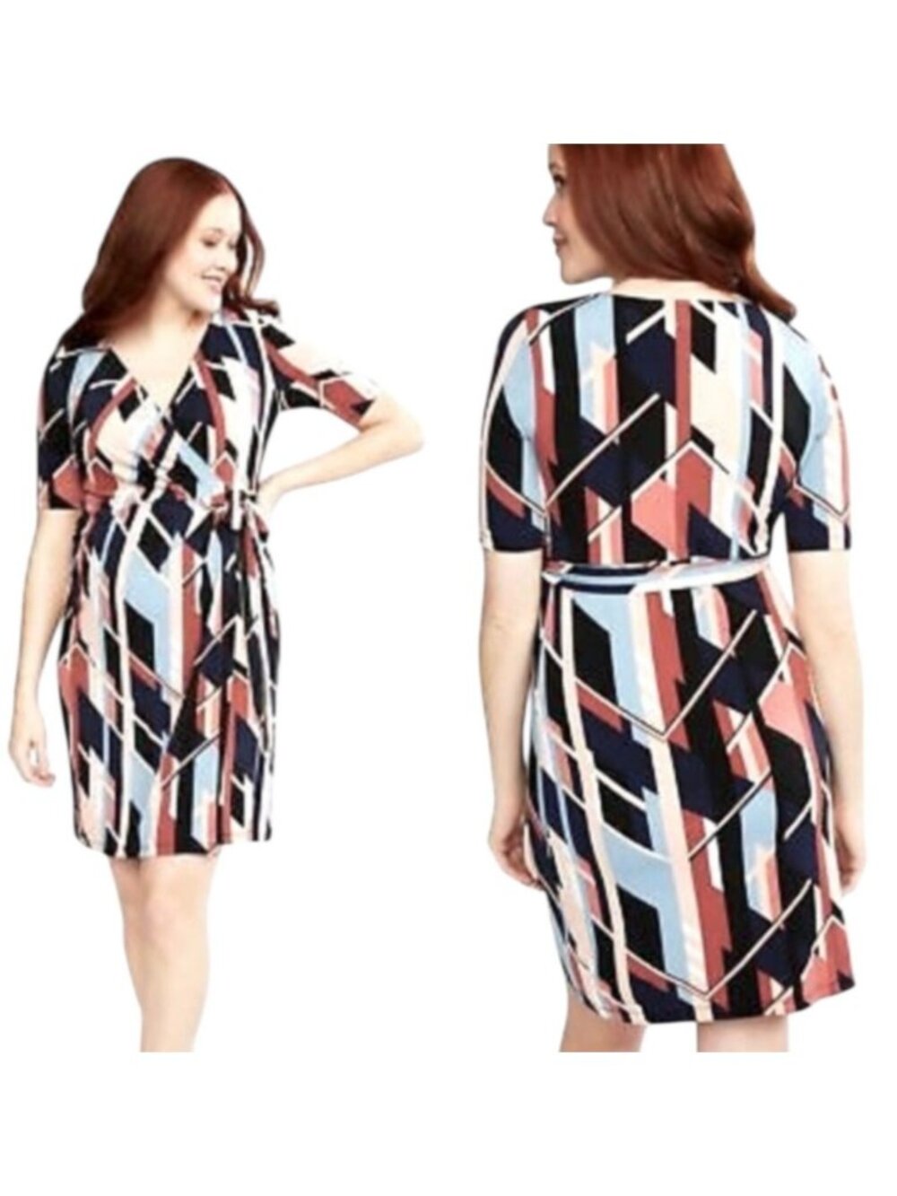 Motherhood Maternity Geometric V-Neck Faux Wrap Dress - L